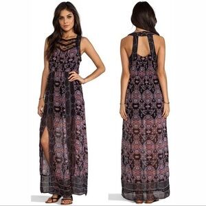 Free People Moroccan Black Printed Lace Yoke Maxi Dress size 8